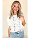 White Multicolor Stitch Detail Cable Knit Short Sleeve Sweater - M