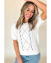 White Multicolor Stitch Detail Cable Knit Short Sleeve Sweater - M