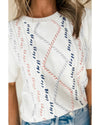 White Multicolor Stitch Detail Cable Knit Short Sleeve Sweater - XL
