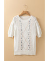White Multicolor Stitch Detail Cable Knit Short Sleeve Sweater - XL
