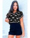 Black Preppy Vibes Bow Print Zipped Collar Sweater Tee - M