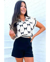 Black Preppy Vibes Bow Print Zipped Collar Sweater Tee - XL
