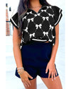 Black Preppy Vibes Bow Print Zipped Collar Sweater Tee - XL