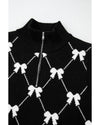 Black Preppy Vibes Bow Print Zipped Collar Sweater Tee - XL