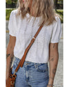 White Pointelle Knit Short Puff Sleeve Crewneck Sweater - M