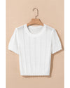 White Pointelle Knit Short Puff Sleeve Crewneck Sweater - XL