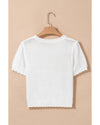 White Pointelle Knit Short Puff Sleeve Crewneck Sweater - XL