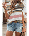 Pink Stripe Color Block Eyelet Knit Short Sleeve Sweater Tee - L