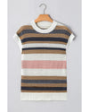 Pink Stripe Color Block Eyelet Knit Short Sleeve Sweater Tee - L