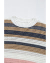 Pink Stripe Color Block Eyelet Knit Short Sleeve Sweater Tee - XL