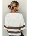 Brown Striped Accent Notched V Neck Cropped Sweater T Shirt - L
