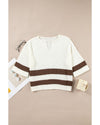 Brown Striped Accent Notched V Neck Cropped Sweater T Shirt - L