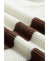 Brown Striped Accent Notched V Neck Cropped Sweater T Shirt - L