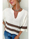 Brown Striped Accent Notched V Neck Cropped Sweater T Shirt - S