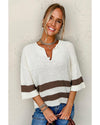 Brown Striped Accent Notched V Neck Cropped Sweater T Shirt - S