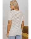 Beige Hollow Out Crochet O Neck Short Sleeve Sweater Tee - L
