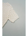 Beige Hollow Out Crochet O Neck Short Sleeve Sweater Tee - L