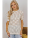 Beige Hollow Out Crochet O Neck Short Sleeve Sweater Tee - M