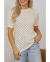 Beige Hollow Out Crochet O Neck Short Sleeve Sweater Tee - M