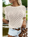 Beige Hollow Out Crochet O Neck Short Sleeve Sweater Tee - M