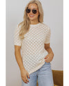 Beige Hollow Out Crochet O Neck Short Sleeve Sweater Tee - M
