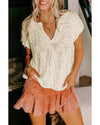 Beige Notched V Neck Short Sleeve Sweater - M