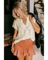 Beige Notched V Neck Short Sleeve Sweater - M