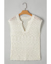 Beige Notched V Neck Short Sleeve Sweater - M
