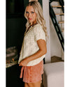 Beige Notched V Neck Short Sleeve Sweater - S
