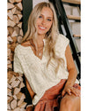 Beige Notched V Neck Short Sleeve Sweater - S
