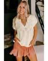 Beige Notched V Neck Short Sleeve Sweater - S