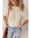 Beige Hollowed Pattern Knit Short Puff Sleeve Sweater - L