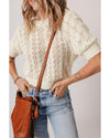 Beige Hollowed Pattern Knit Short Puff Sleeve Sweater - L