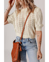 Beige Hollowed Pattern Knit Short Puff Sleeve Sweater - L
