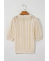 Beige Hollowed Pattern Knit Short Puff Sleeve Sweater - L