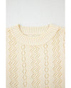 Beige Hollowed Pattern Knit Short Puff Sleeve Sweater - L