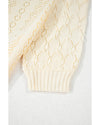 Beige Hollowed Pattern Knit Short Puff Sleeve Sweater - L