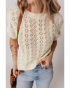 Beige Hollowed Pattern Knit Short Puff Sleeve Sweater - M