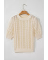 Beige Hollowed Pattern Knit Short Puff Sleeve Sweater - M