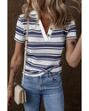 Dark Blue Stripe Collared Button V Neck Knitted T Shirt - L