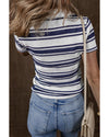 Dark Blue Stripe Collared Button V Neck Knitted T Shirt - M