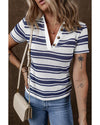 Dark Blue Stripe Collared Button V Neck Knitted T Shirt - M