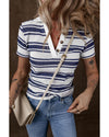 Dark Blue Stripe Collared Button V Neck Knitted T Shirt - M