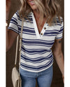 Dark Blue Stripe Collared Button V Neck Knitted T Shirt - S