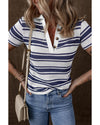 Dark Blue Stripe Collared Button V Neck Knitted T Shirt - S