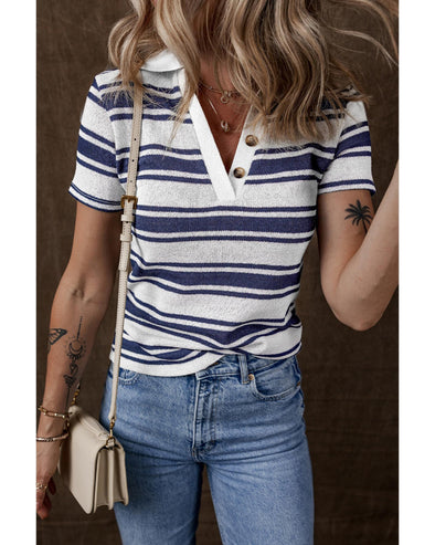 Dark Blue Stripe Collared Button V Neck Knitted T Shirt - XL