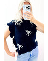 Black Bow Print Side Ties Scalloped Hem Sweater T Shirt - M