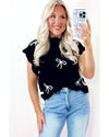 Black Bow Print Side Ties Scalloped Hem Sweater T Shirt - M