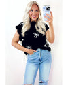Black Bow Print Side Ties Scalloped Hem Sweater T Shirt - M