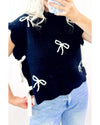 Black Bow Print Side Ties Scalloped Hem Sweater T Shirt - M